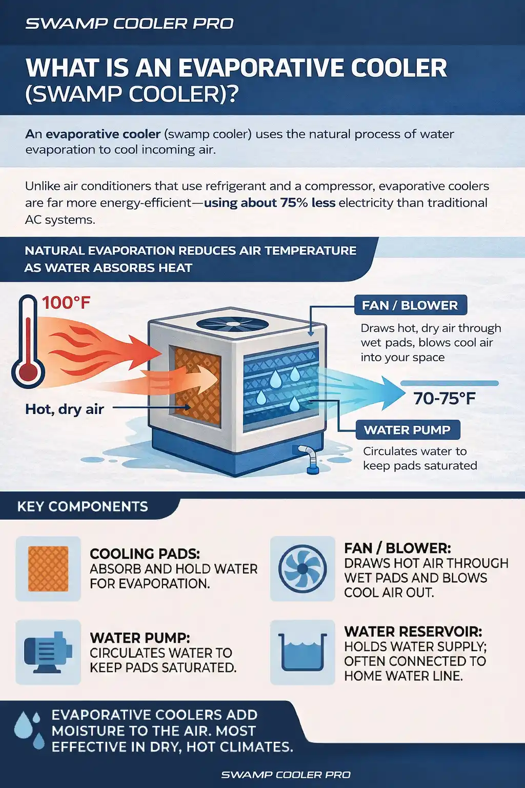Infographic showing how evaporative coolers work - hot dry air at 100°F enters, passes through wet cooling pads, and exits as cool air at 70-75°F. Key components include cooling pads, fan/blower, water pump, and water reservoir.