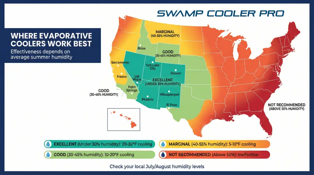 USA map showing where evaporative coolers work best by humidity zones