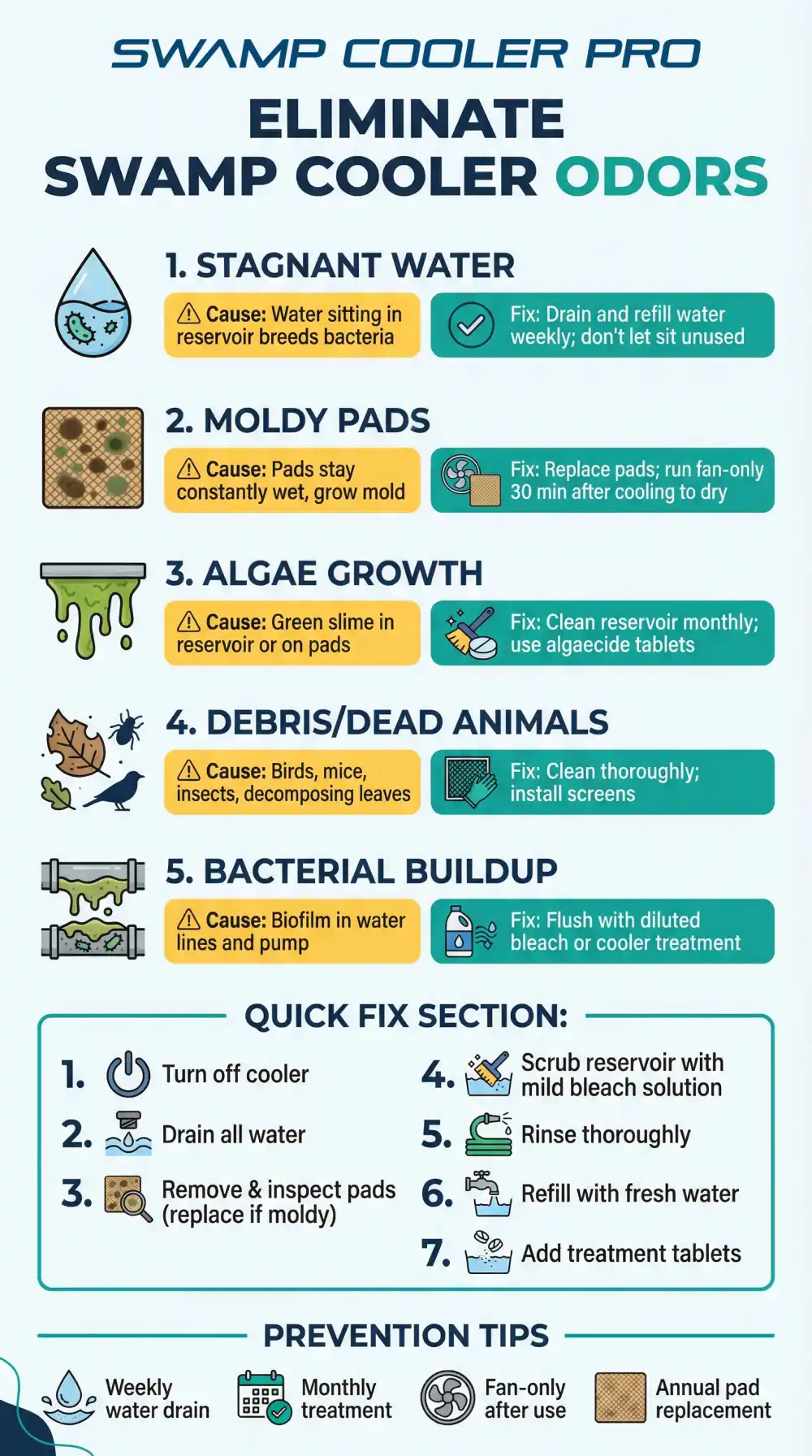 Infographic showing causes and solutions for swamp cooler odors